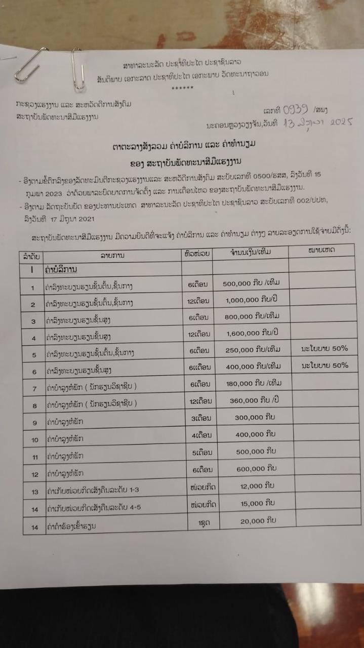ຄ່າລົງທະບຽນ ຄ່າບໍລິການ ແລະ ຄ່າທຳນຽມ
